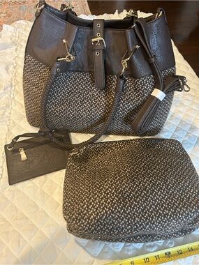Black Rivet Brown Woven Satchel with Removable Pouch and Wristlet